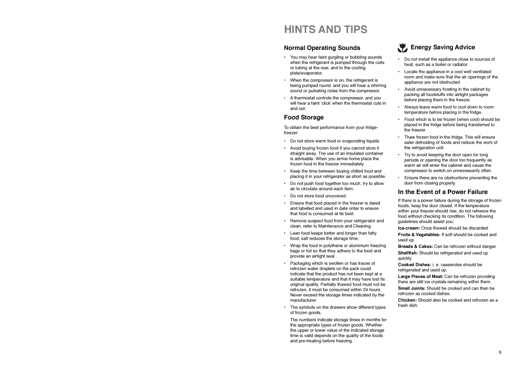 Zanussi ZE 76/3 W Hints and Tips, Normal Operating Sounds, Food Storage, Energy Saving Advice, Event of a Power Failure 