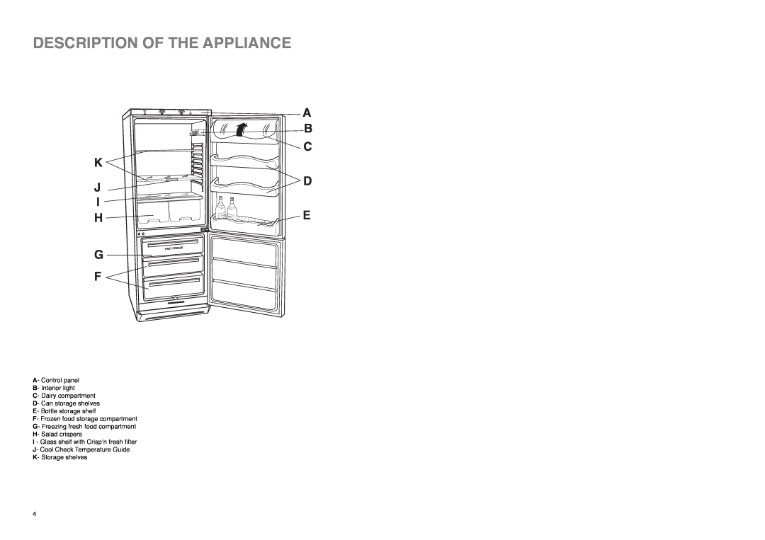 Zanussi ZE 76/3 W manual Description Of The Appliance, K J I H, A B C D E, Fast, Freeze 