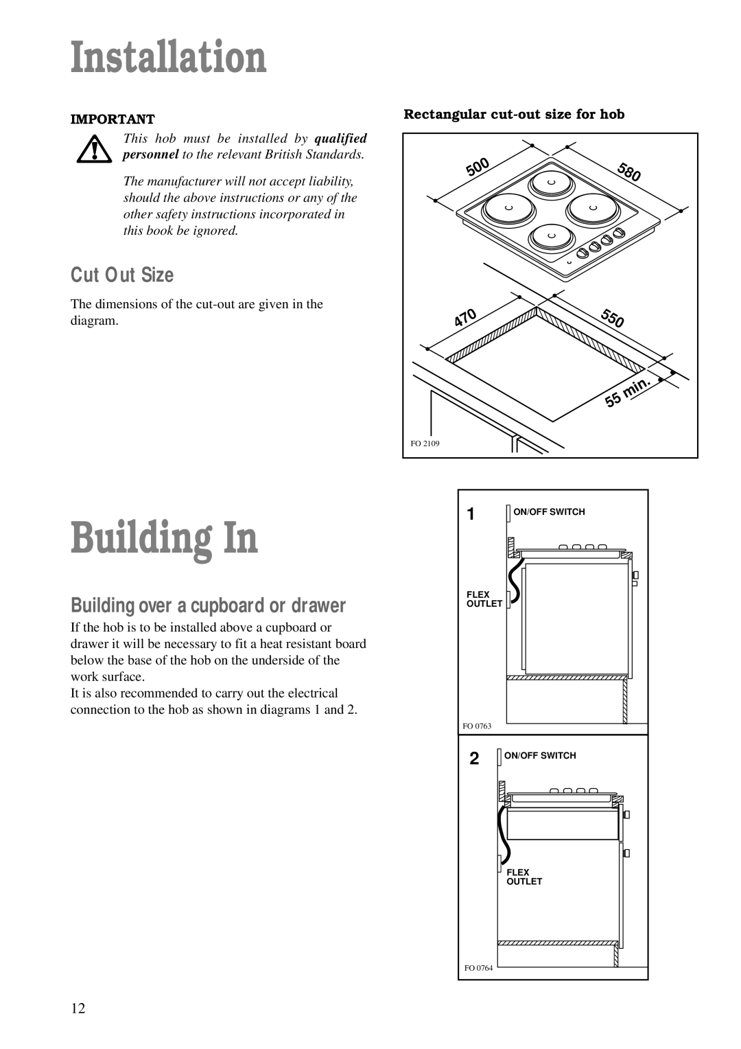 Zanussi ZEA 85 manual Installation, Building, Cut Out Size, Rectangular cut-out size for hob 