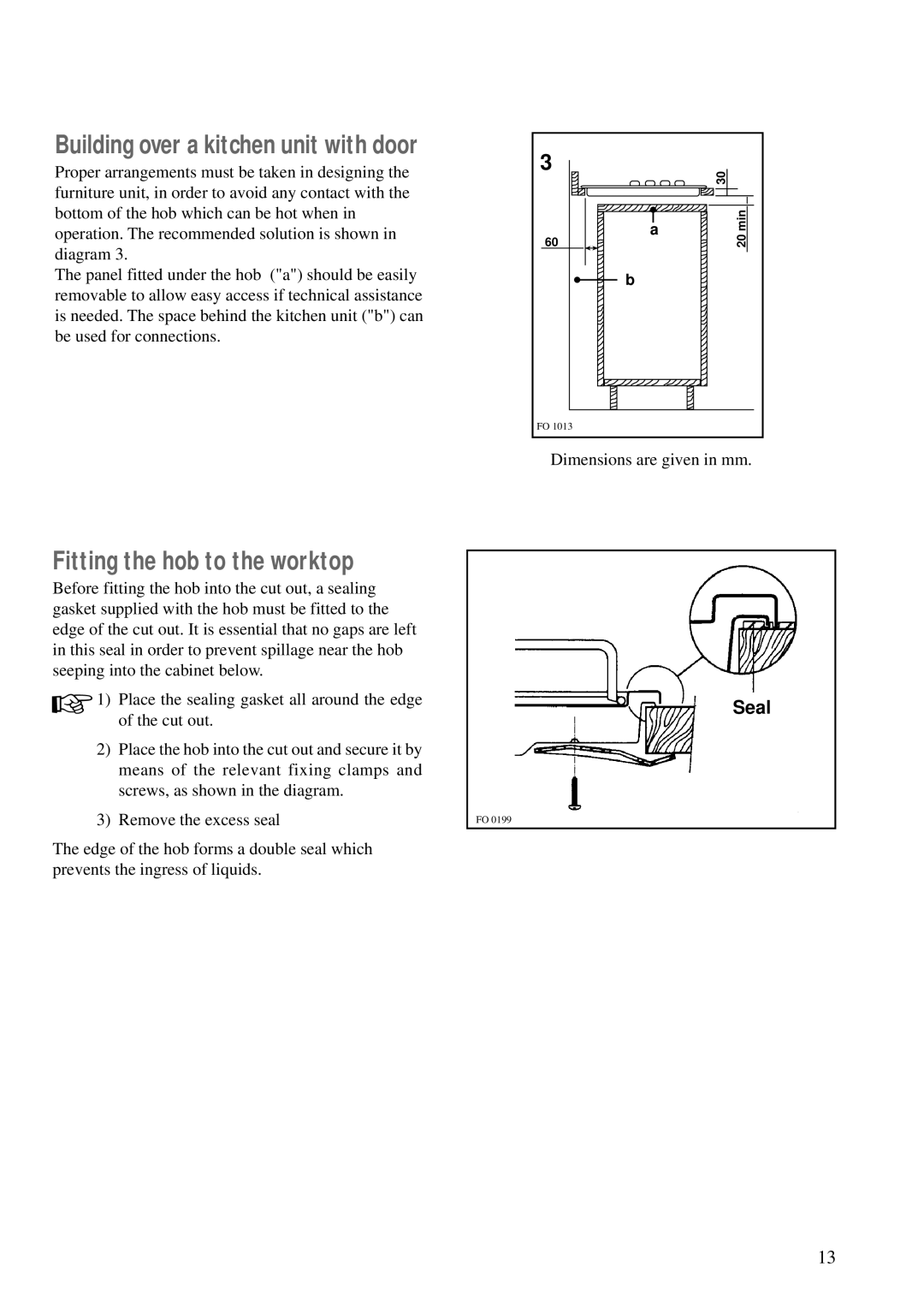 Zanussi ZEA 85 manual Fitting the hob to the worktop, Building over a kitchen unit with door 