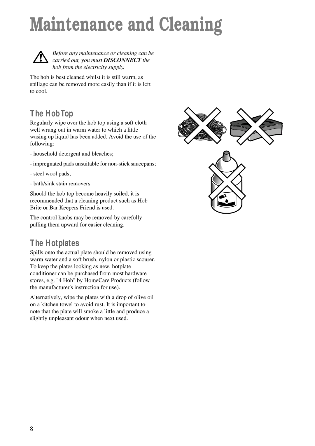 Zanussi ZEA 85 manual Maintenance and Cleaning, HobTop, Hotplates 