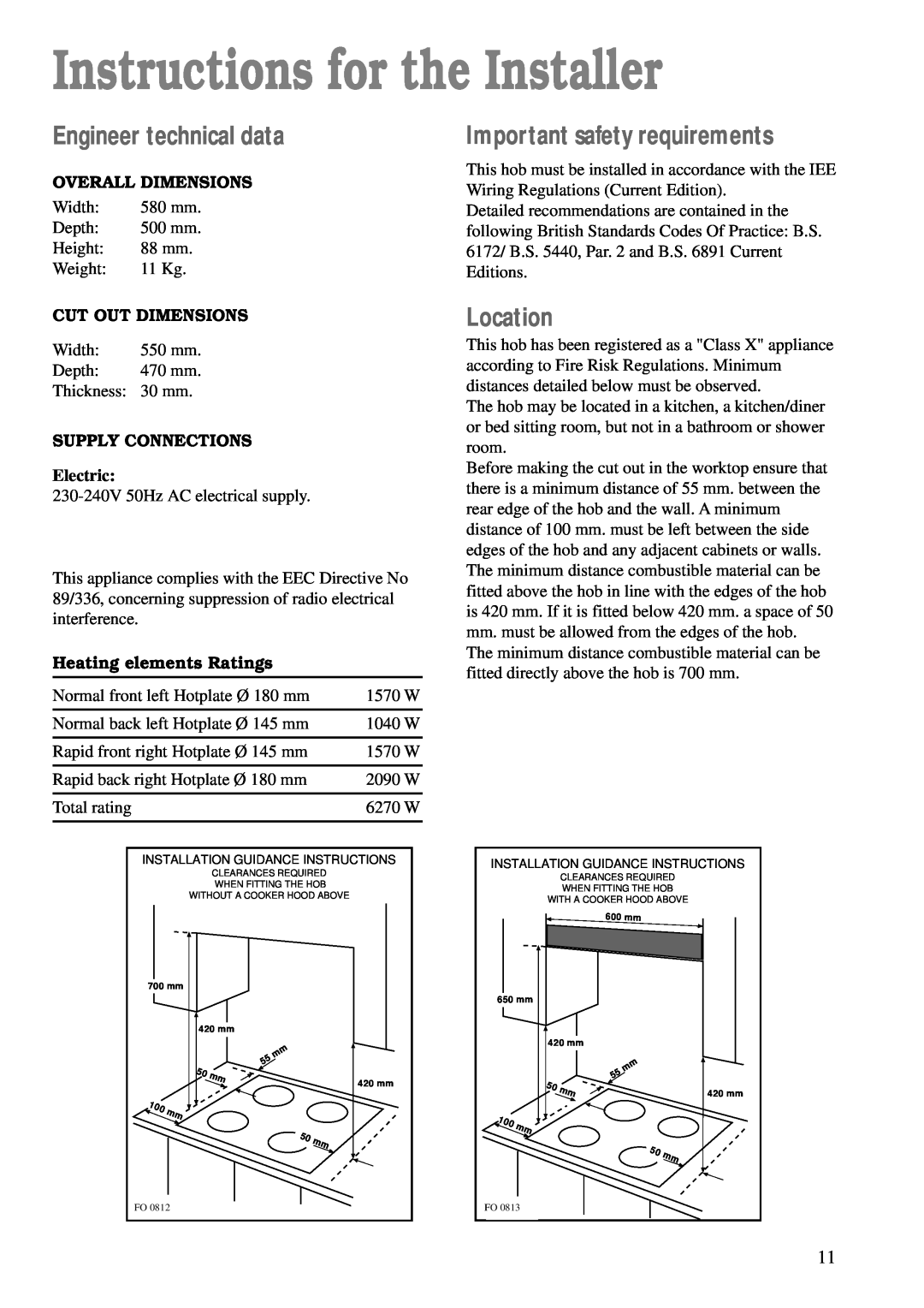 Zanussi ZEA 85 manual Instructions for the Installer, Engineer technical data, Important safety requirements, Location 
