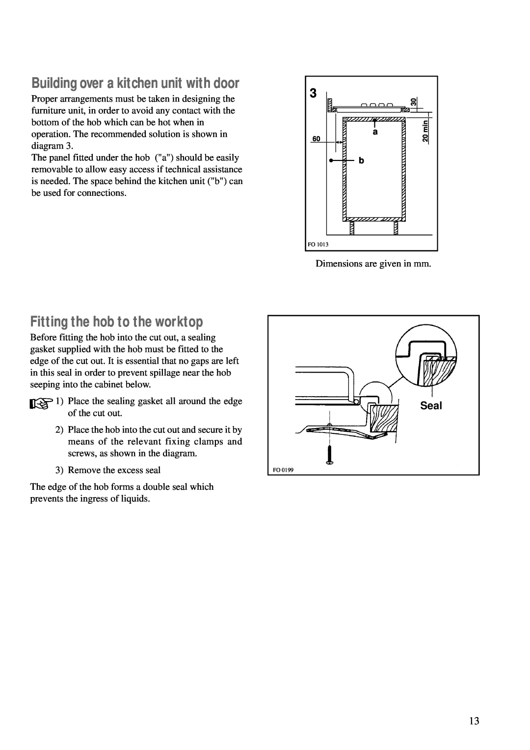 Zanussi ZEA 85 manual Fitting the hob to the worktop, Seal, Building over a kitchen unit with door 