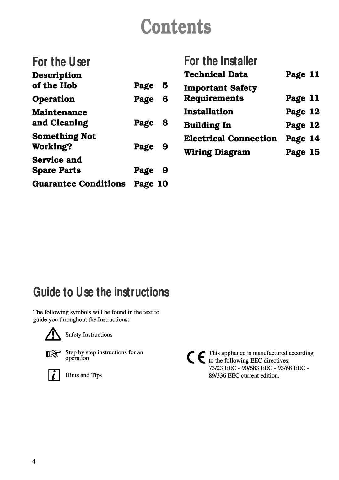 Zanussi ZEA 85 manual Contents, For the User, For the Installer, Guide to Use the instructions 