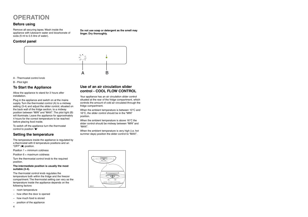 Zanussi ZEBF 249 W manual Operation, Before using, Control panel, To Start the Appliance, Setting the temperature 