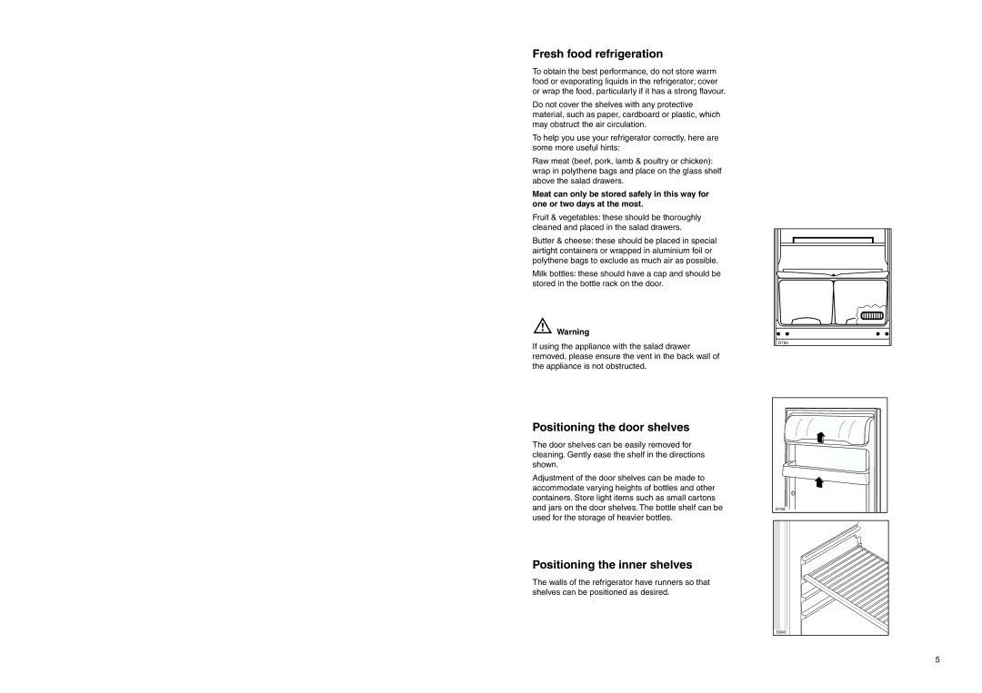 Zanussi ZEBF 249 W manual Fresh food refrigeration, Positioning the door shelves, Positioning the inner shelves 