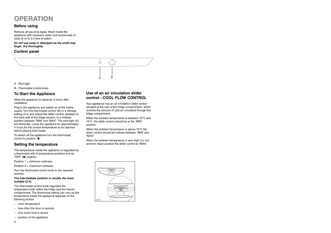 Zanussi ZEBF 250 W manual Operation, Before using, Control panel, To Start the Appliance, Setting the temperature 