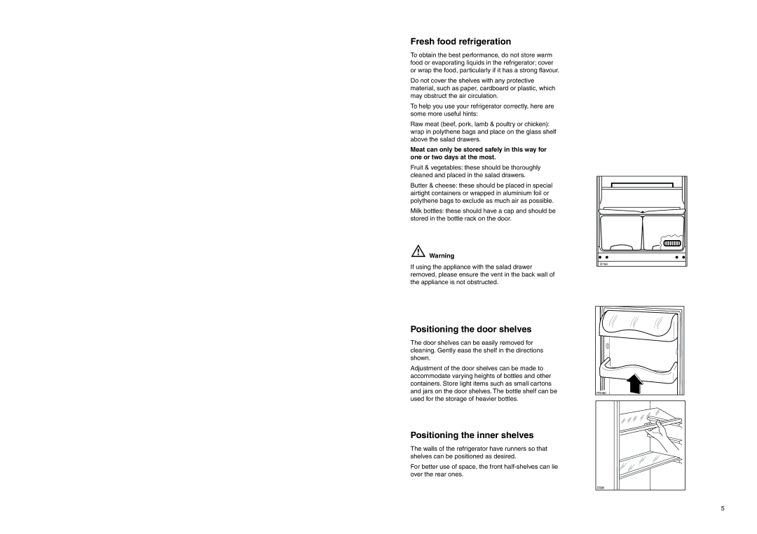 Zanussi ZEBF 250 W manual Fresh food refrigeration, Positioning the door shelves, Positioning the inner shelves 