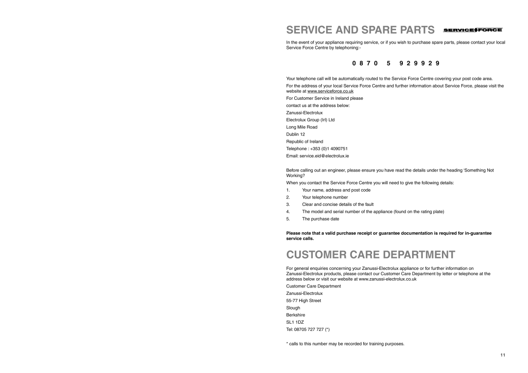 Zanussi ZEBF 250 W manual Service And Spare Parts, Customer Care Department, 0 8, 9 2 9 9 