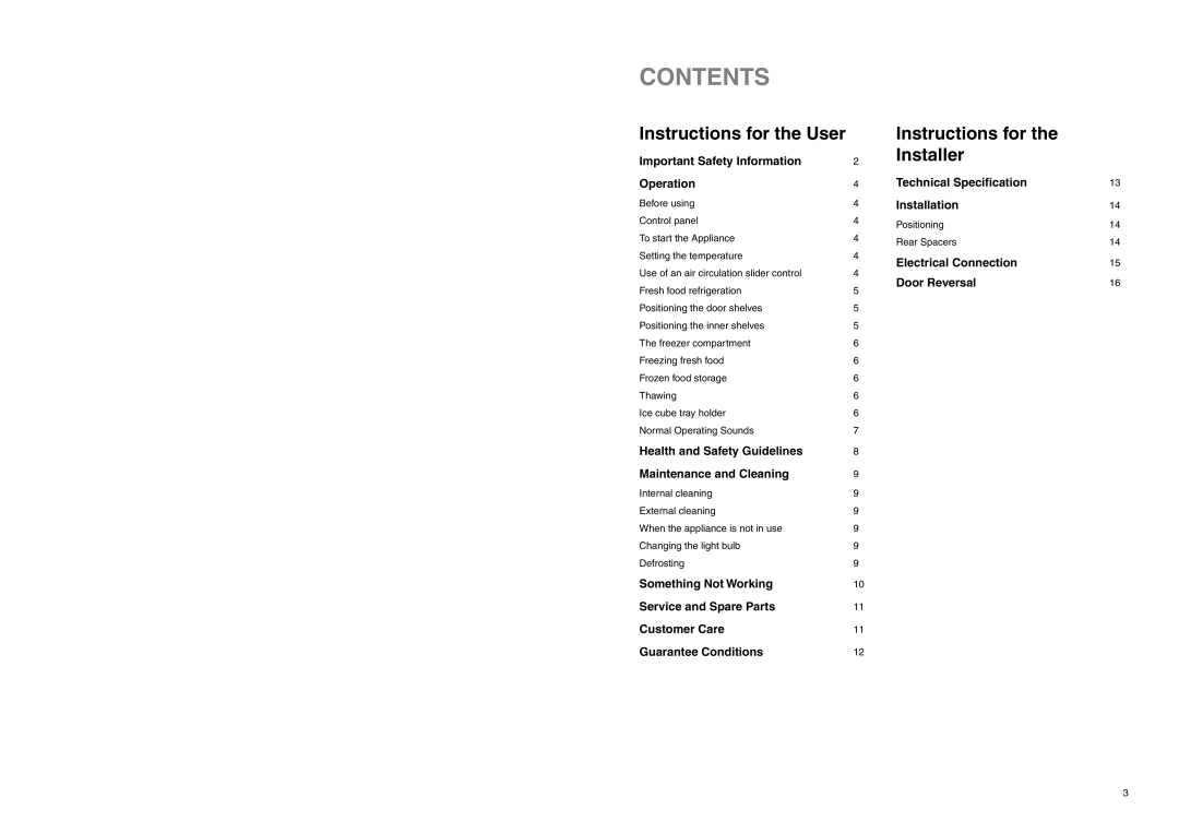 Zanussi ZEBF 250 W manual Contents, Instructions for the User, Instructions for the Installer 