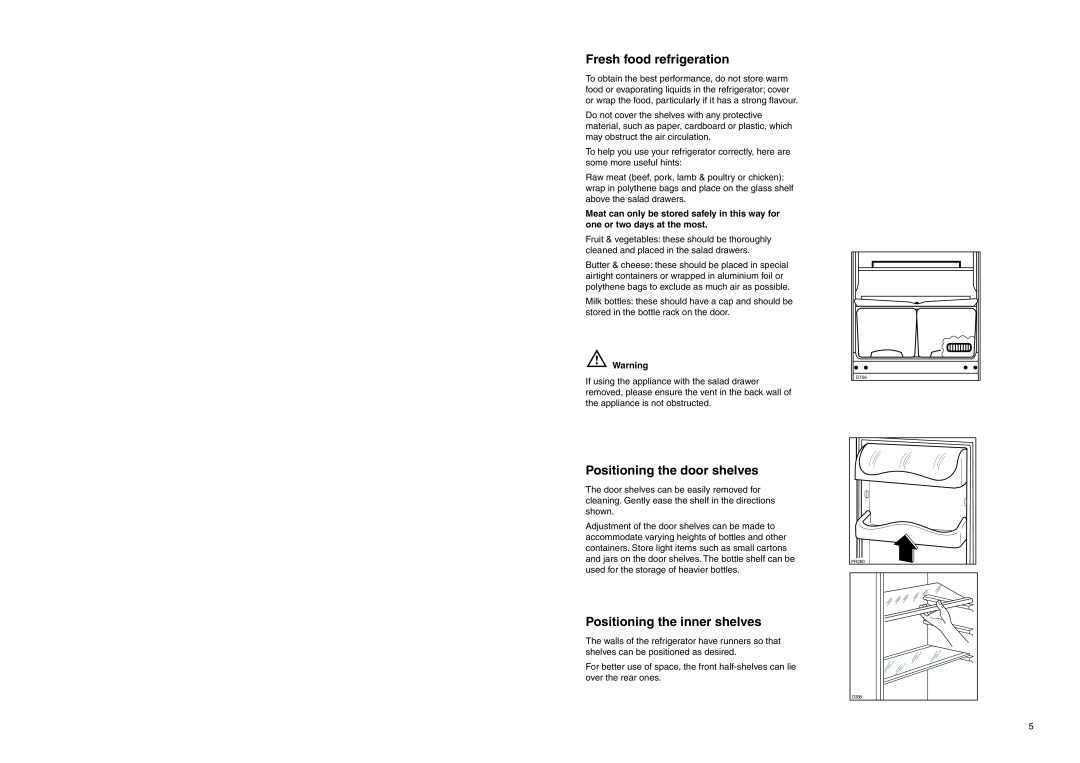 Zanussi ZEBF 250 W manual Fresh food refrigeration, Positioning the door shelves, Positioning the inner shelves, D756, D338 