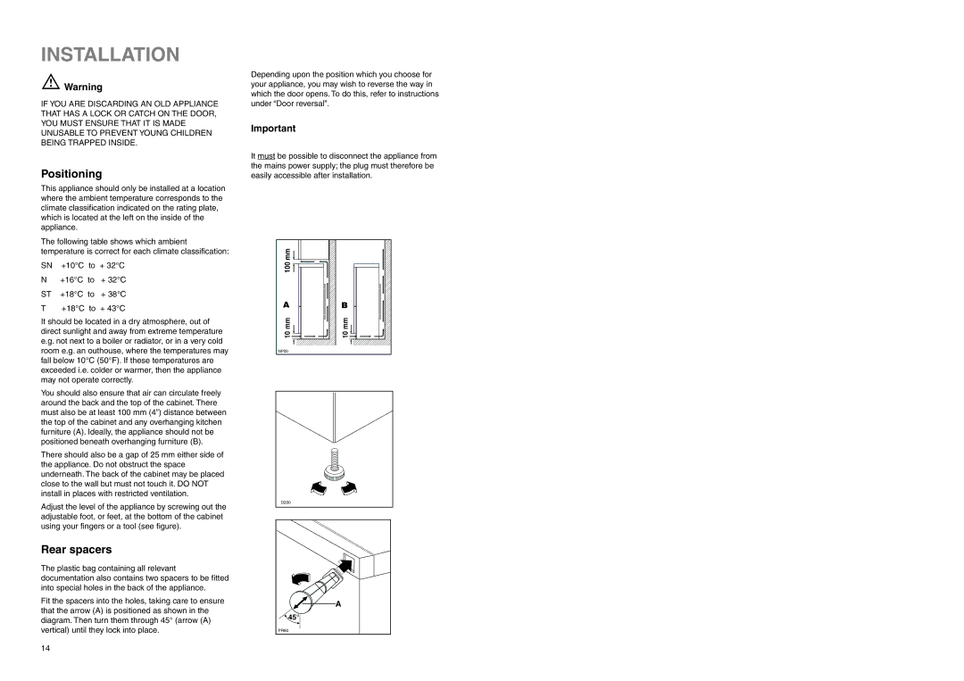 Zanussi ZEBF 255 SI, ZEBF 255 W manual Installation, Positioning, Rear spacers 