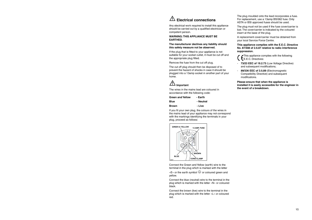 Zanussi ZEBF 255 W, ZEBF 255 SI manual Electrical connections, Green and Yellow Earth Blue- Neutral Brown- Live 
