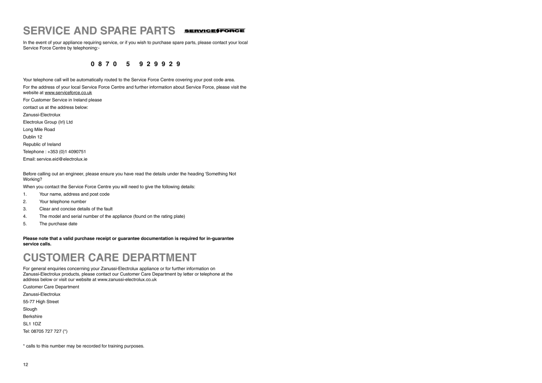 Zanussi ZEBF 290 SI manual Service and Spare Parts, Customer Care Department, 9 9 2 