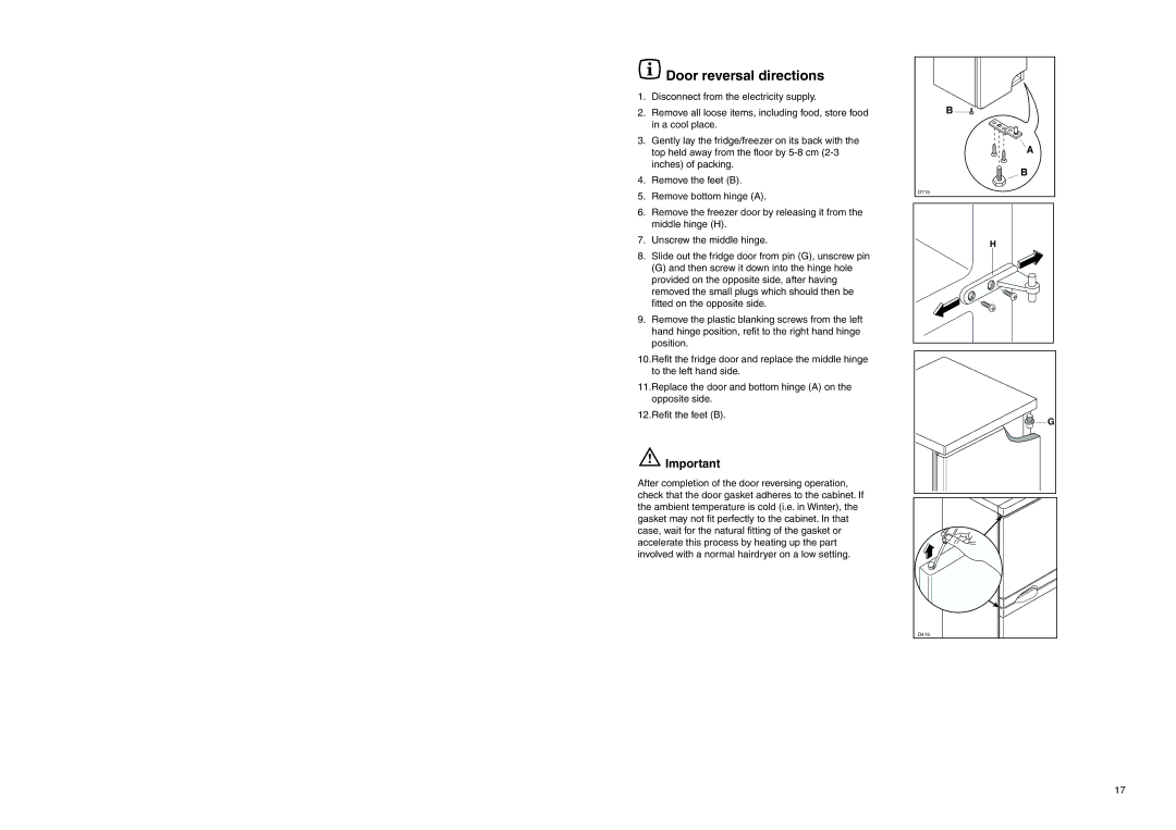 Zanussi ZEBF 290 SI manual Door reversal directions 