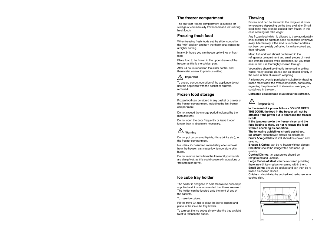 Zanussi ZEBF 290 SI manual Freezer compartment, Freezing fresh food, Frozen food storage, Ice cube tray holder, Thawing 