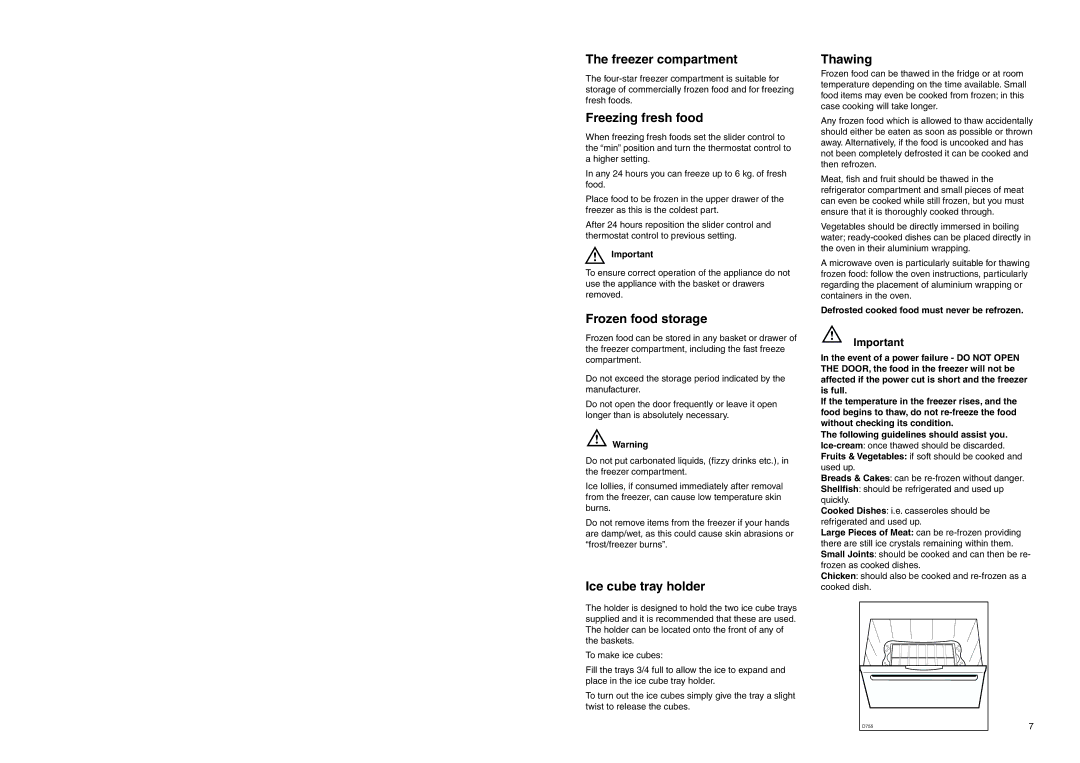 Zanussi ZEBF 290 W manual Freezer compartment, Freezing fresh food, Frozen food storage, Ice cube tray holder, Thawing 