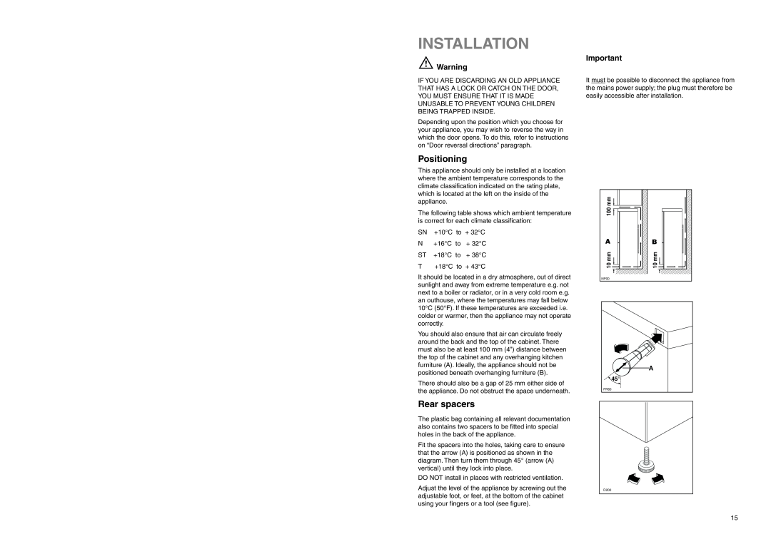 Zanussi ZEBF 290 W manual Installation, Positioning, Rear spacers 