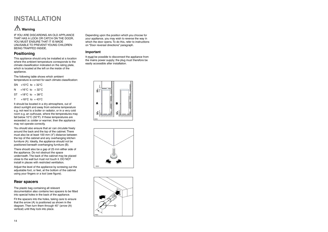 Zanussi ZEBF 310 manual Installation, Positioning, Rear spacers 