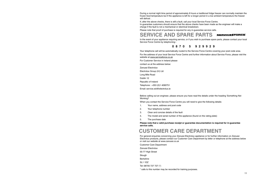 Zanussi ZEBF 310 manual Service And Spare Parts, Customer Care Department, 9 2 9 
