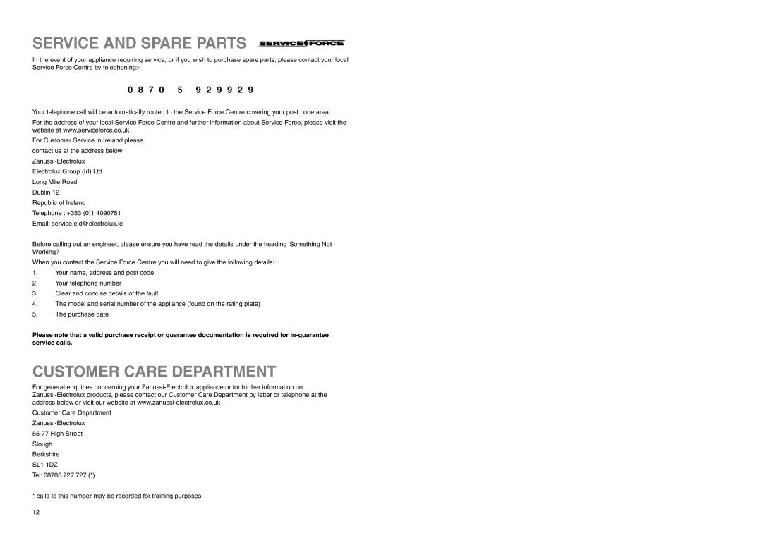 Zanussi ZEBF 336 manual Service and Spare Parts, Customer Care Department, 9 9 2 