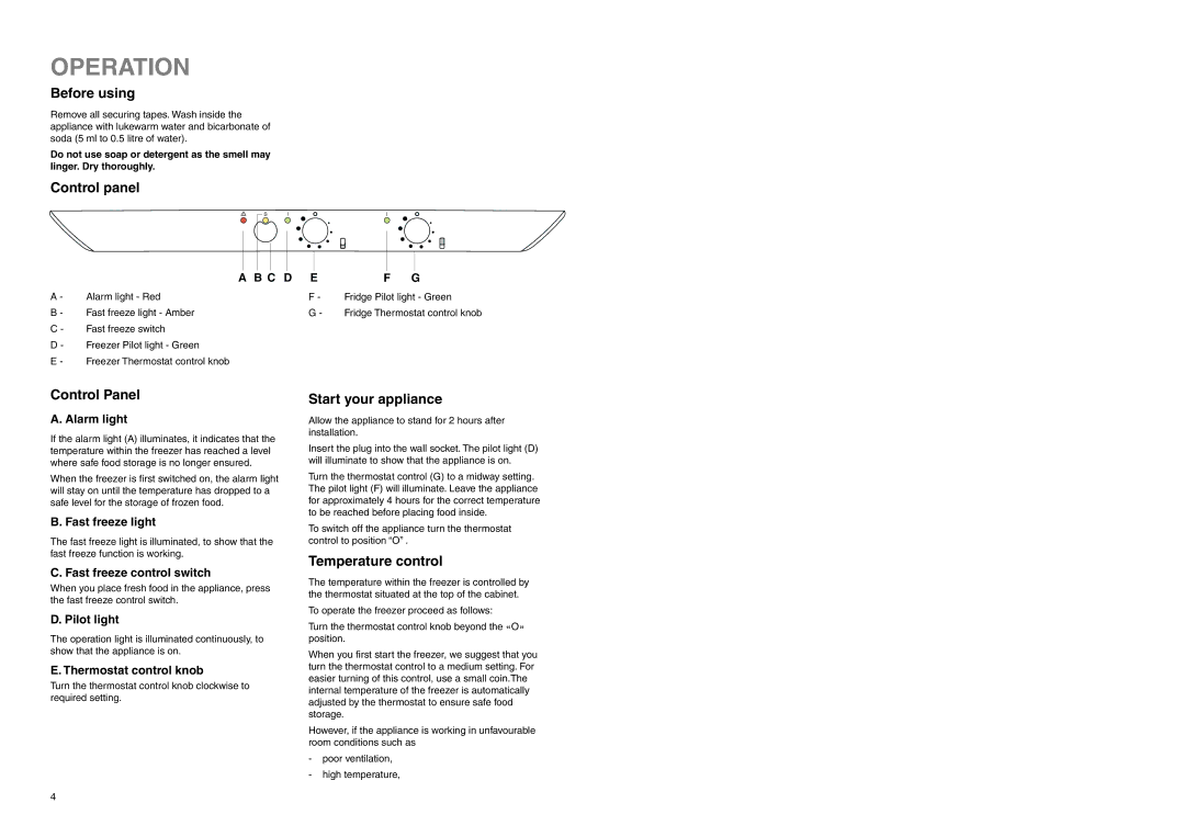 Zanussi ZEBF 336 manual Operation, Before using, Control panel, Start your appliance, Temperature control 