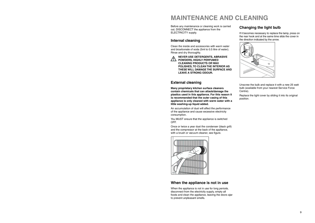 Zanussi ZEBF 336 manual Maintenance and Cleaning, Internal cleaning, External cleaning, Changing the light bulb 