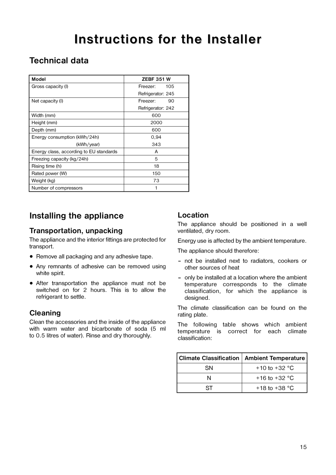 Zanussi ZEBF 351 W manual Instructions for the Installer, Technical data, Installing the appliance 