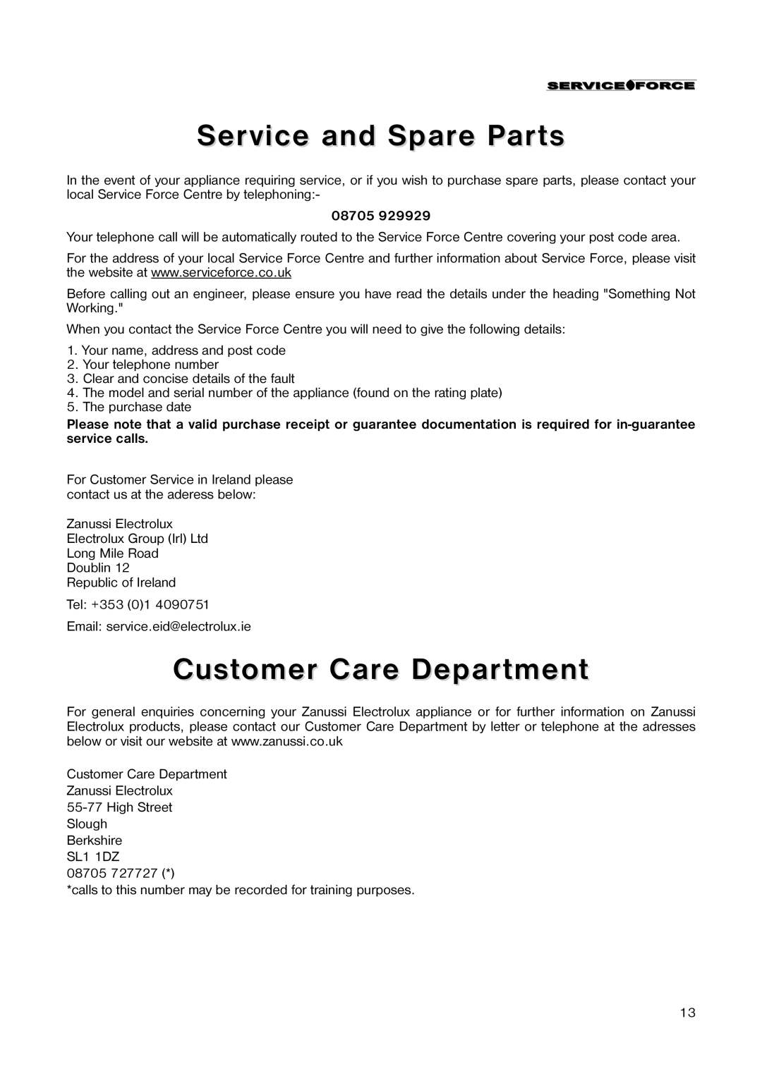 Zanussi ZEBF 351 W manual Service and Spare Parts, Customer Care Department, 08705 