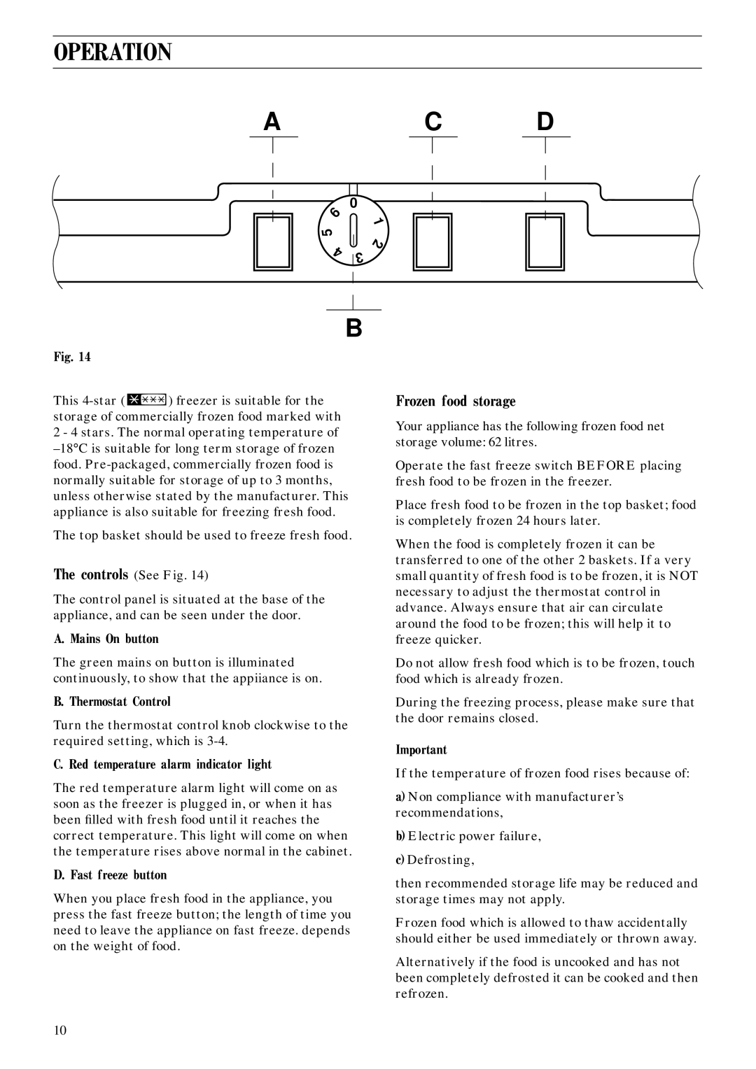 Zanussi ZEC 30 manual Operation, Controls See Fig, Frozen food storage 