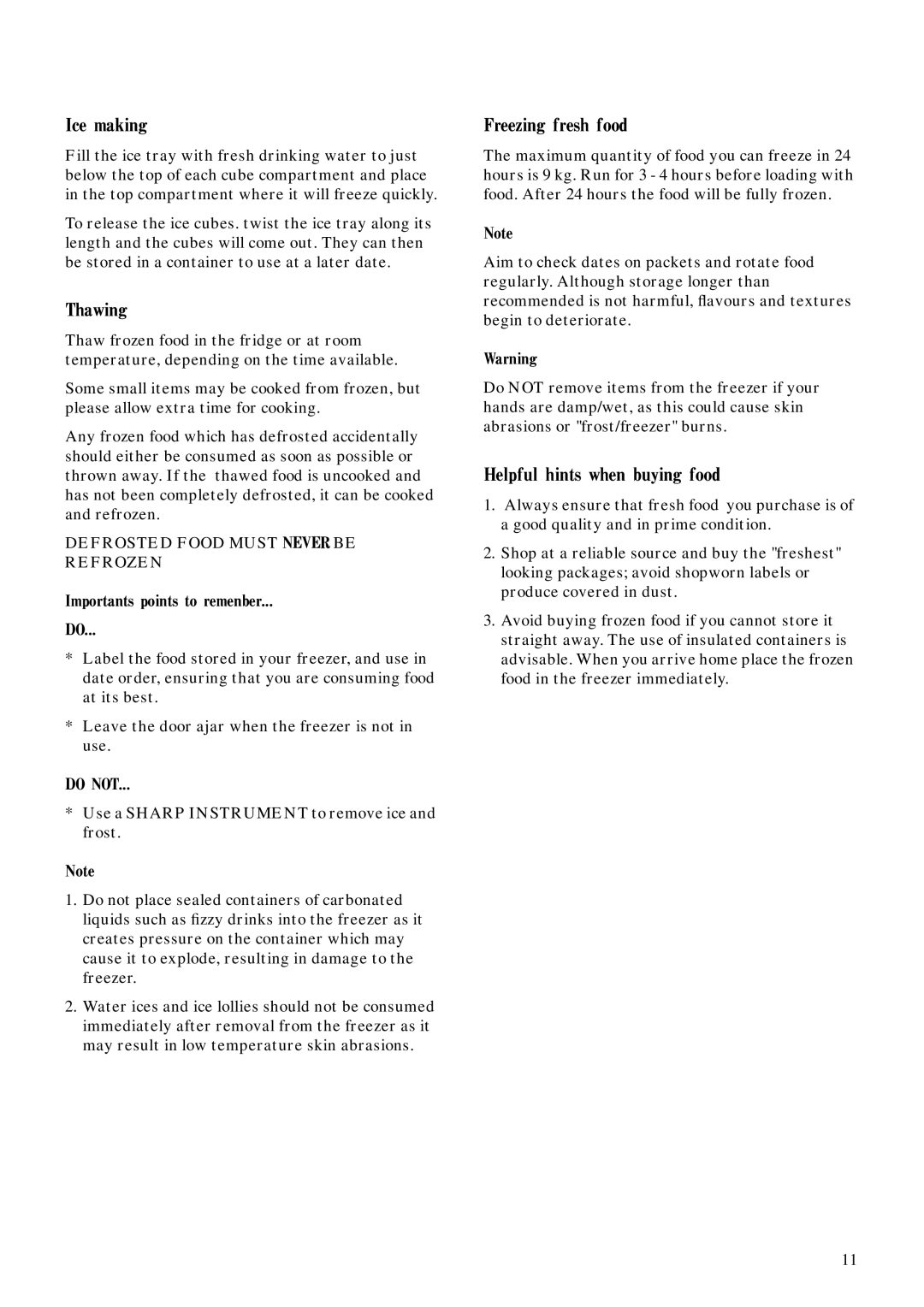 Zanussi ZEC 30 manual Ice making, Thawing, Freezing fresh food, Helpful hints when buying food 