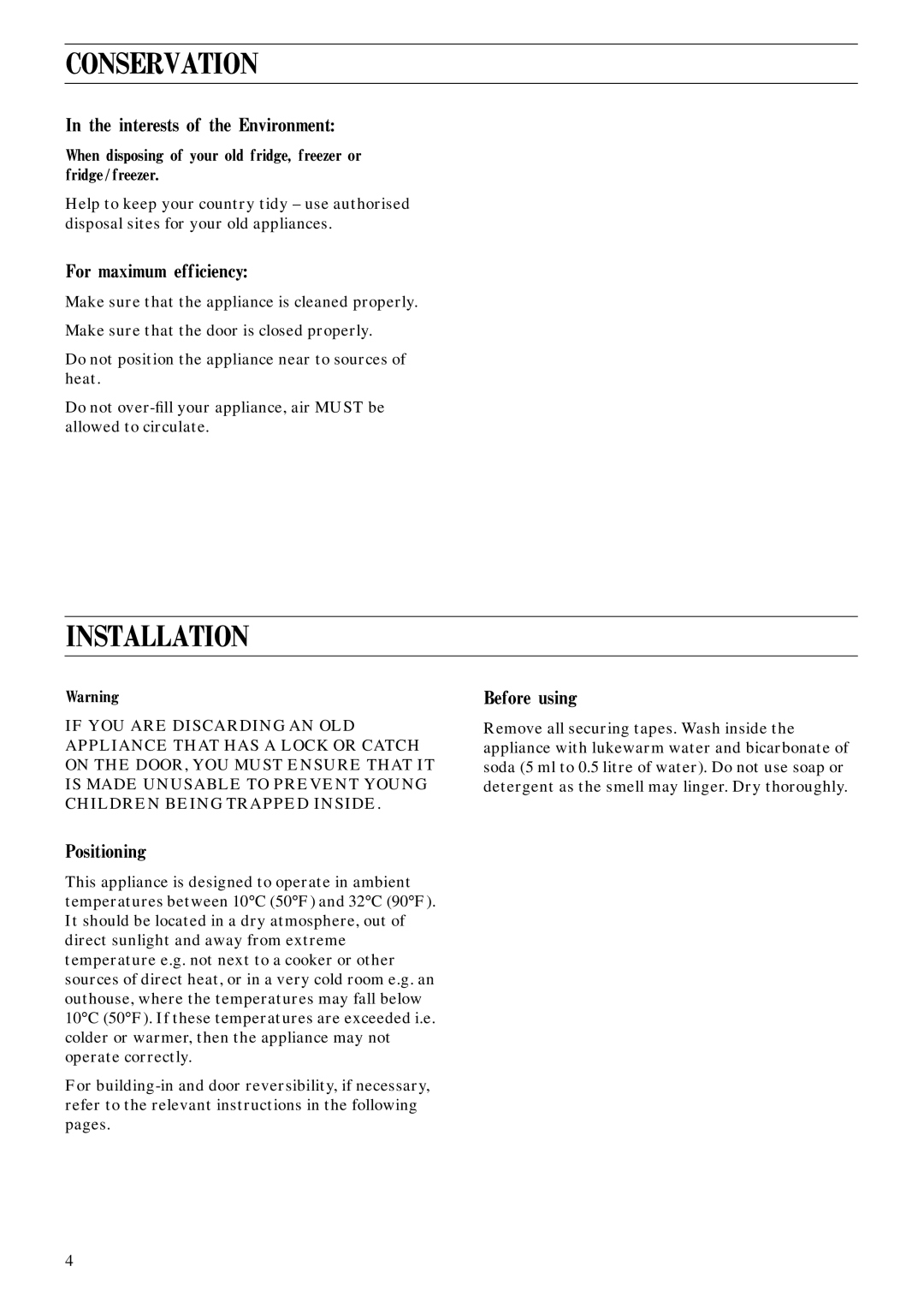 Zanussi ZEC 30 manual Conservation, Installation 