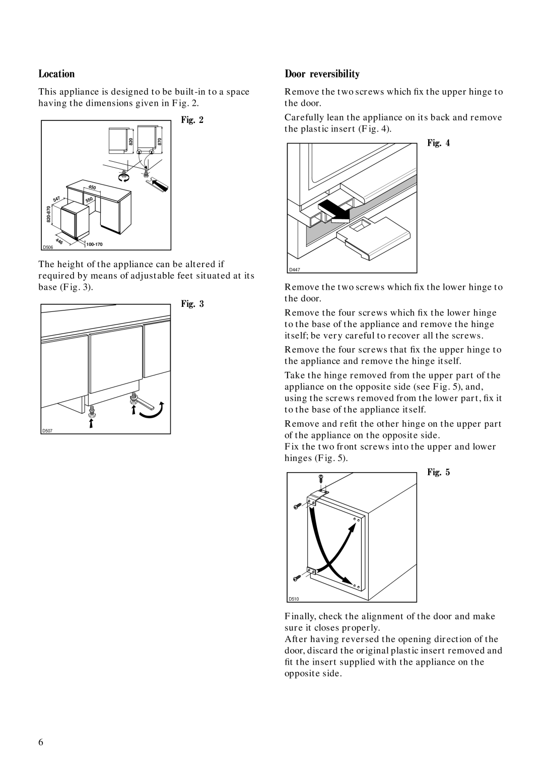 Zanussi ZEC 30 manual Location, Door reversibility 