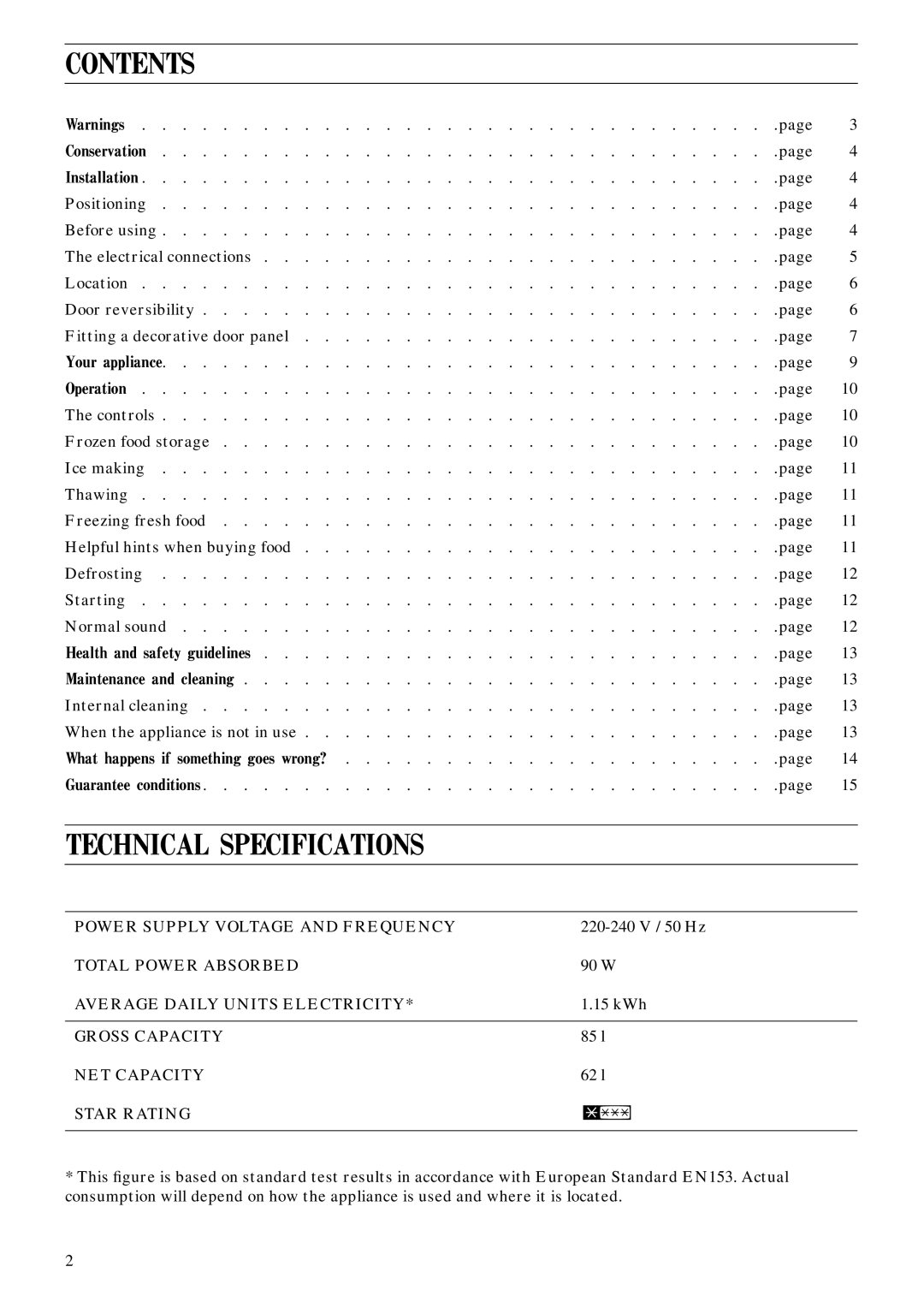 Zanussi ZEC 30 manual Contents, Technical Specifications 