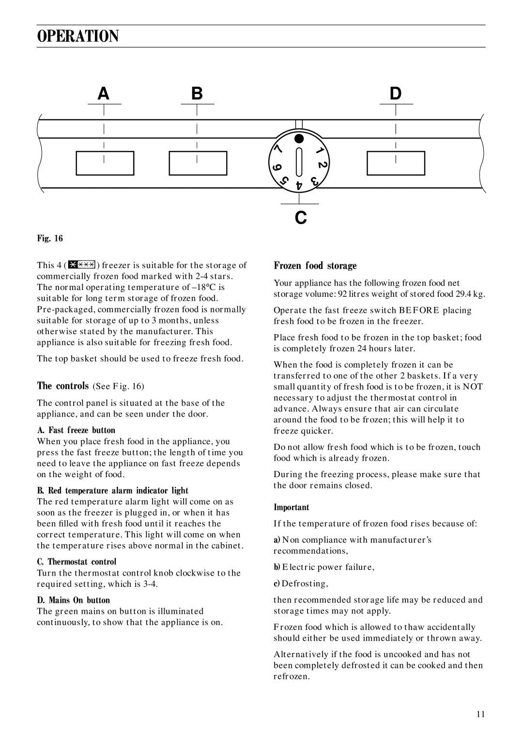 Zanussi ZEC 40 manual Operation, Controls See Fig, Frozen food storage 