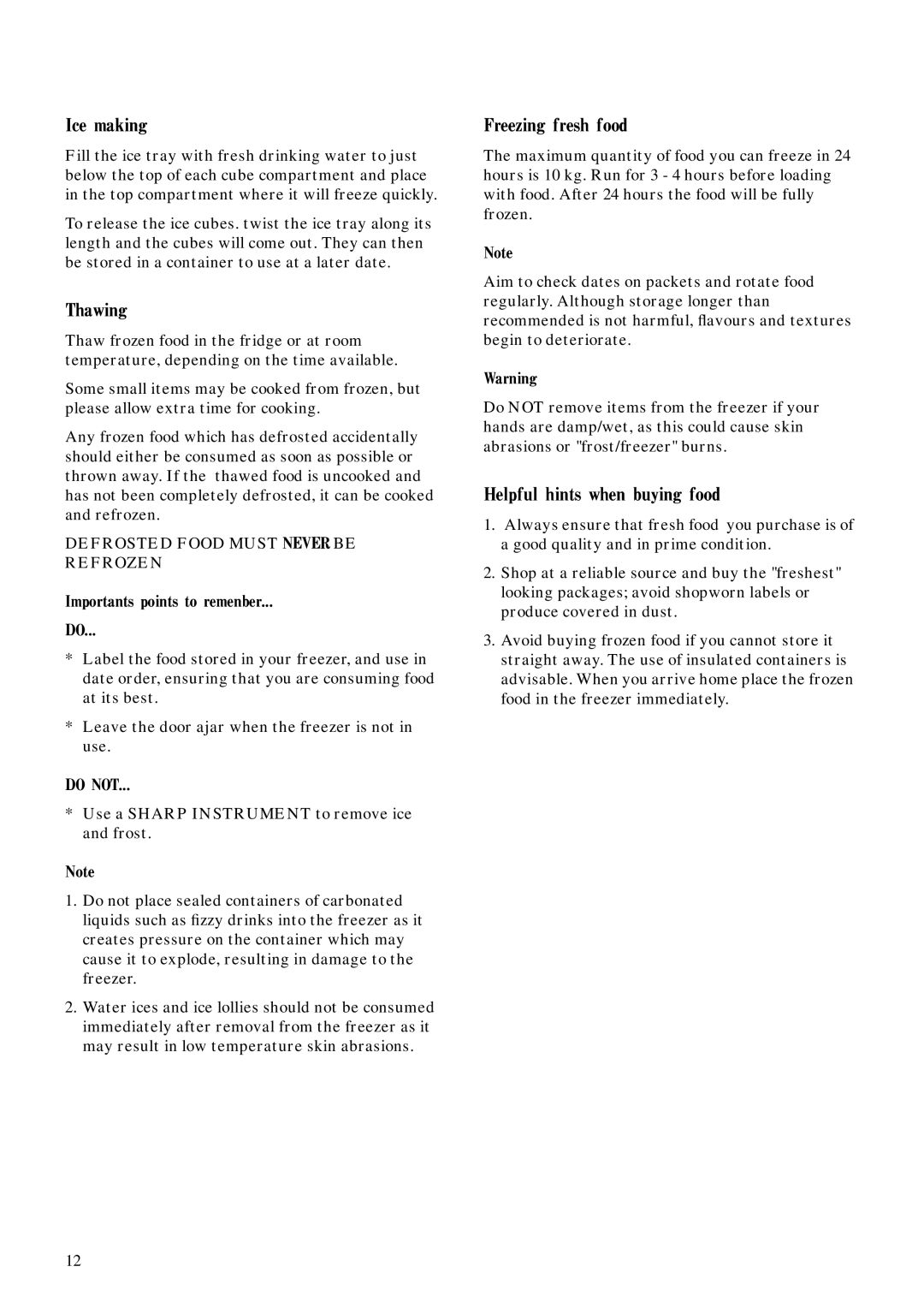 Zanussi ZEC 40 manual Ice making, Thawing, Freezing fresh food, Helpful hints when buying food 