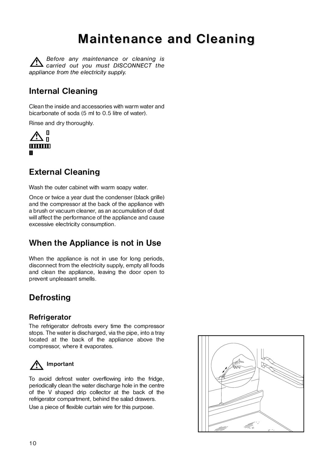 Zanussi ZECB 300 W manual Maintenance and Cleaning, Internal Cleaning, External Cleaning, When the Appliance is not in Use 