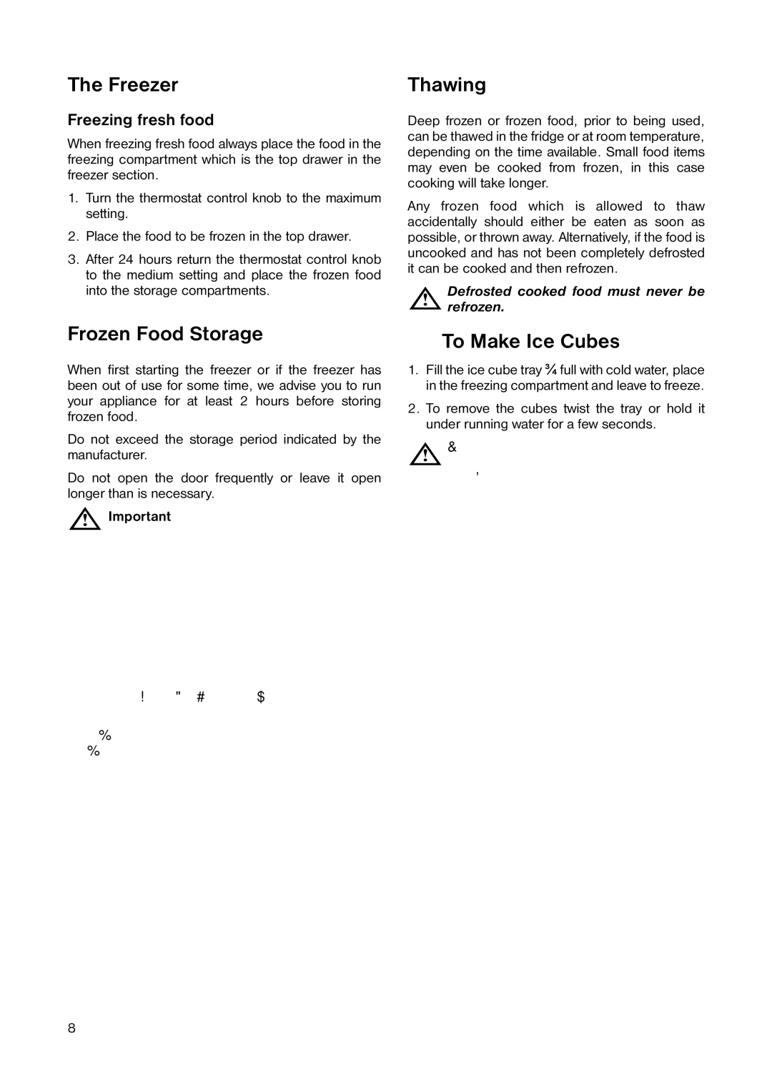 Zanussi ZECB 300 W manual Freezer, Frozen Food Storage, Thawing, ΦTo Make Ice Cubes 