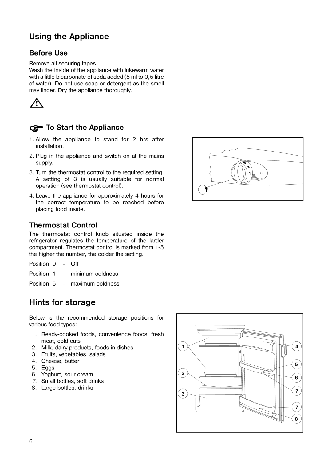 Zanussi ZECL 159 W manual Using the Appliance, Hints for storage 