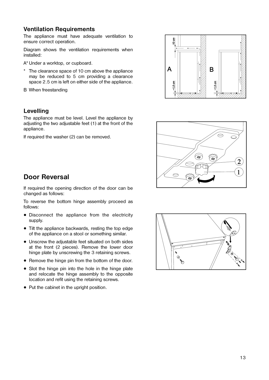 Zanussi ZECL 159 W manual Door Reversal, Ventilation Requirements, Levelling 