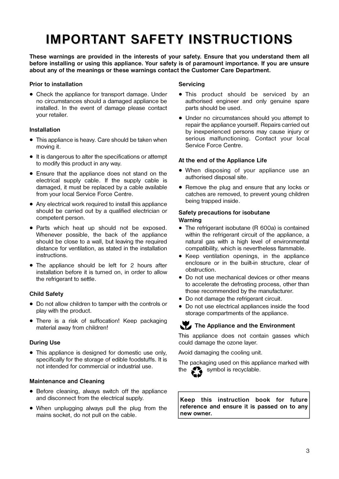 Zanussi ZECL 159 W manual Important Safety Instructions, Prior to installation, Installation, Child Safety, During Use 