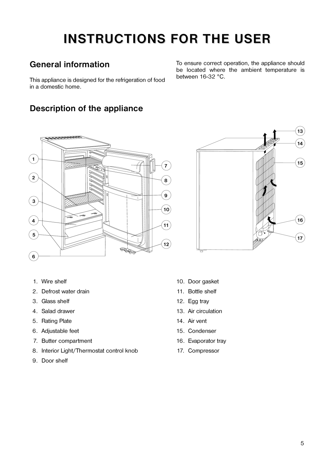 Zanussi ZECL 159 W manual Instructions For The User, General information, Description of the appliance 