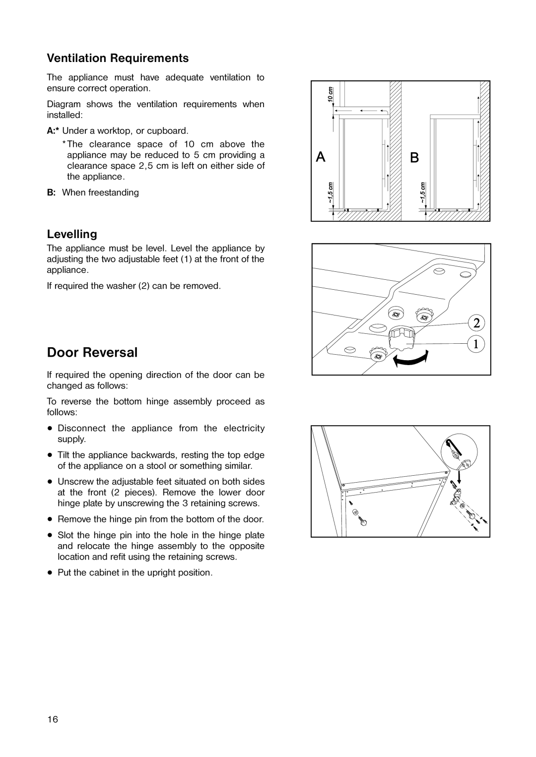 Zanussi ZECR 161 W manual Door Reversal, Ventilation Requirements, Levelling 