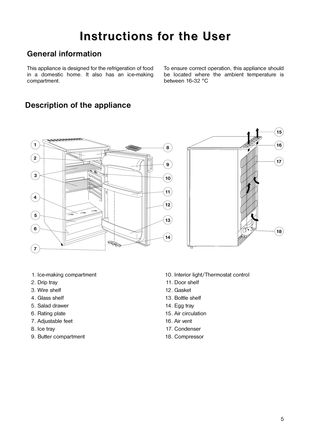 Zanussi ZECR 161 W manual Instructions for the User, General information, Description of the appliance 