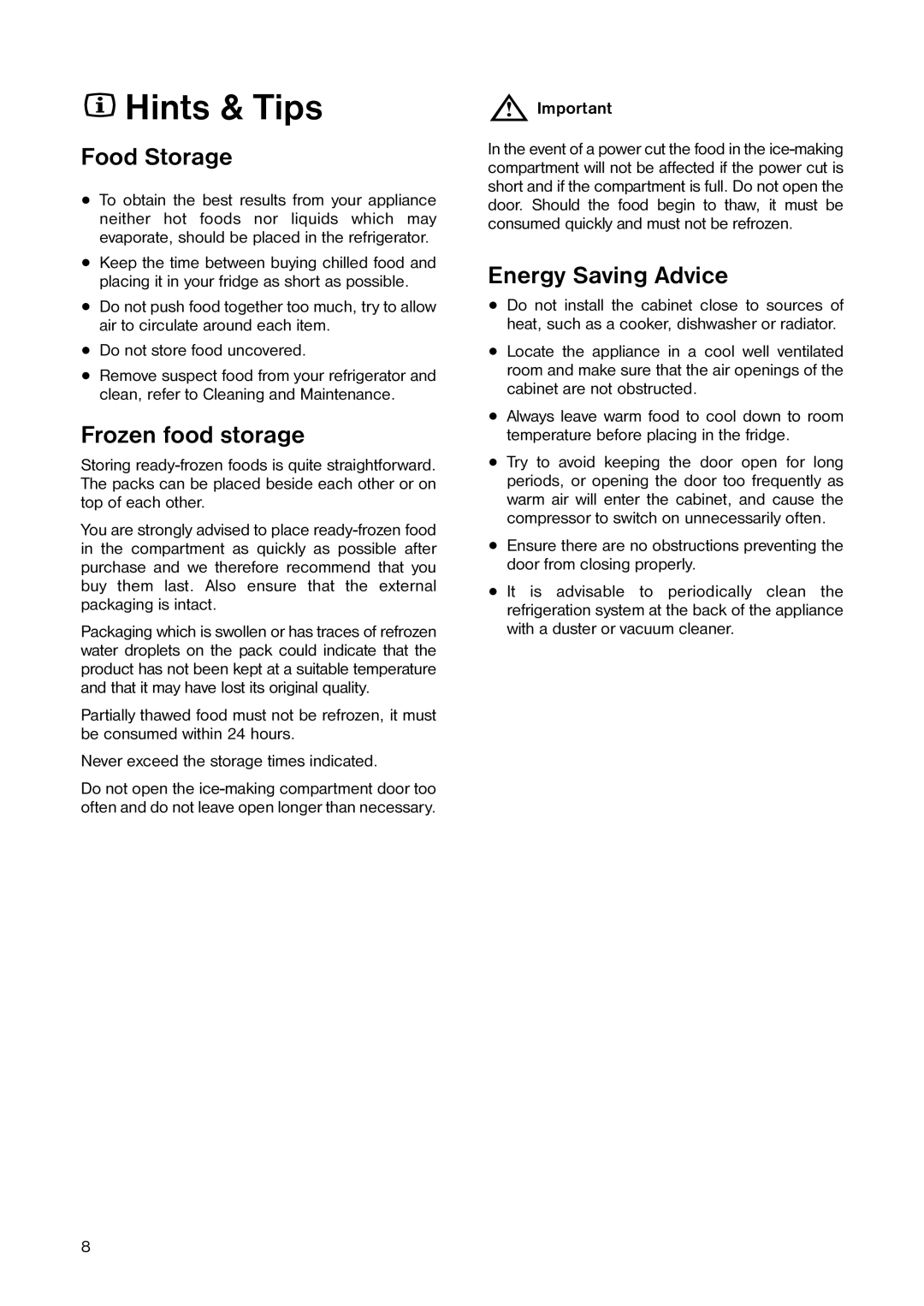 Zanussi ZECR 161 W manual Hints & Tips, Food Storage, Frozen food storage, Energy Saving Advice 
