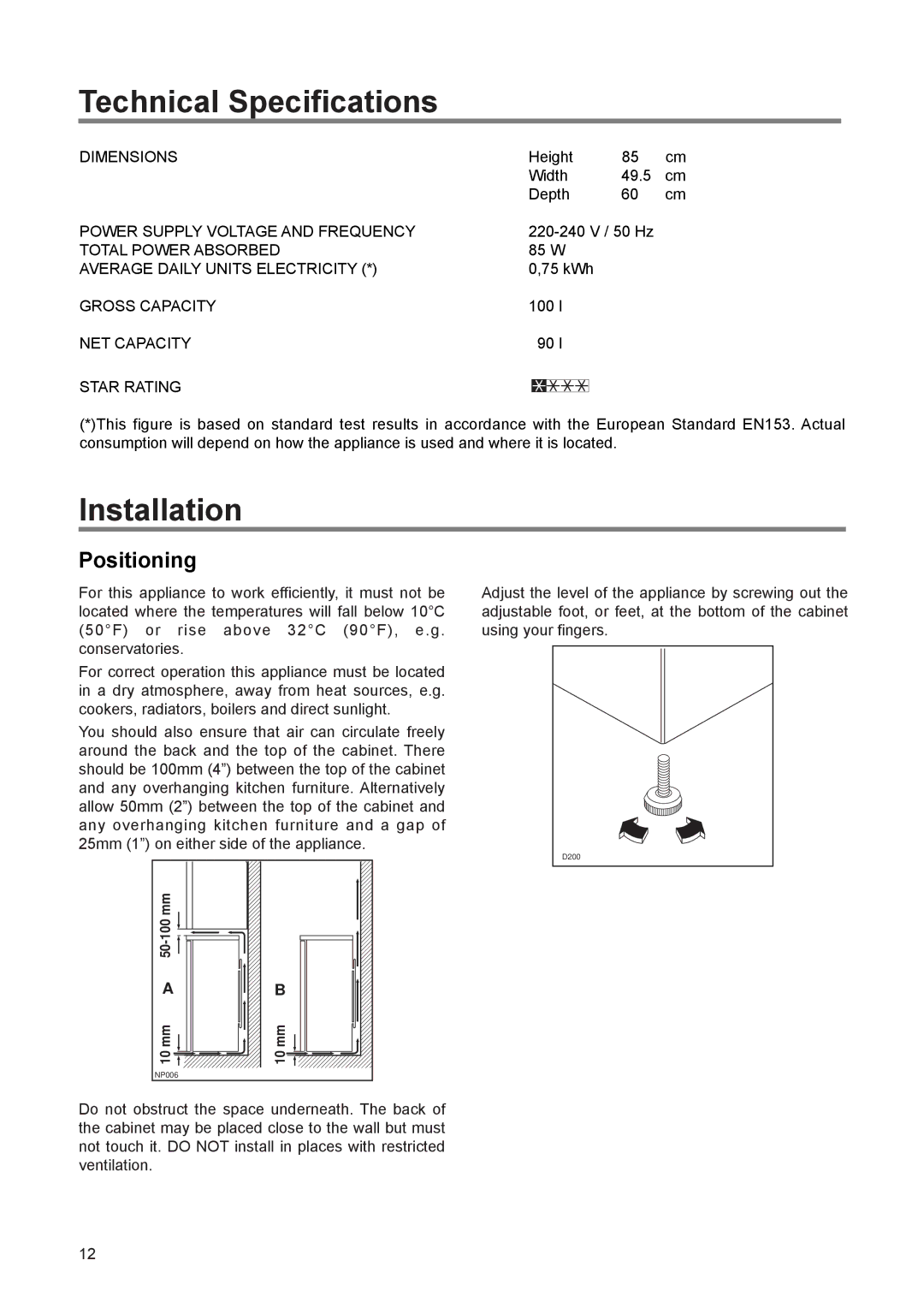 Zanussi ZEF 100 W manual Technical Specifications, Installation, Positioning 