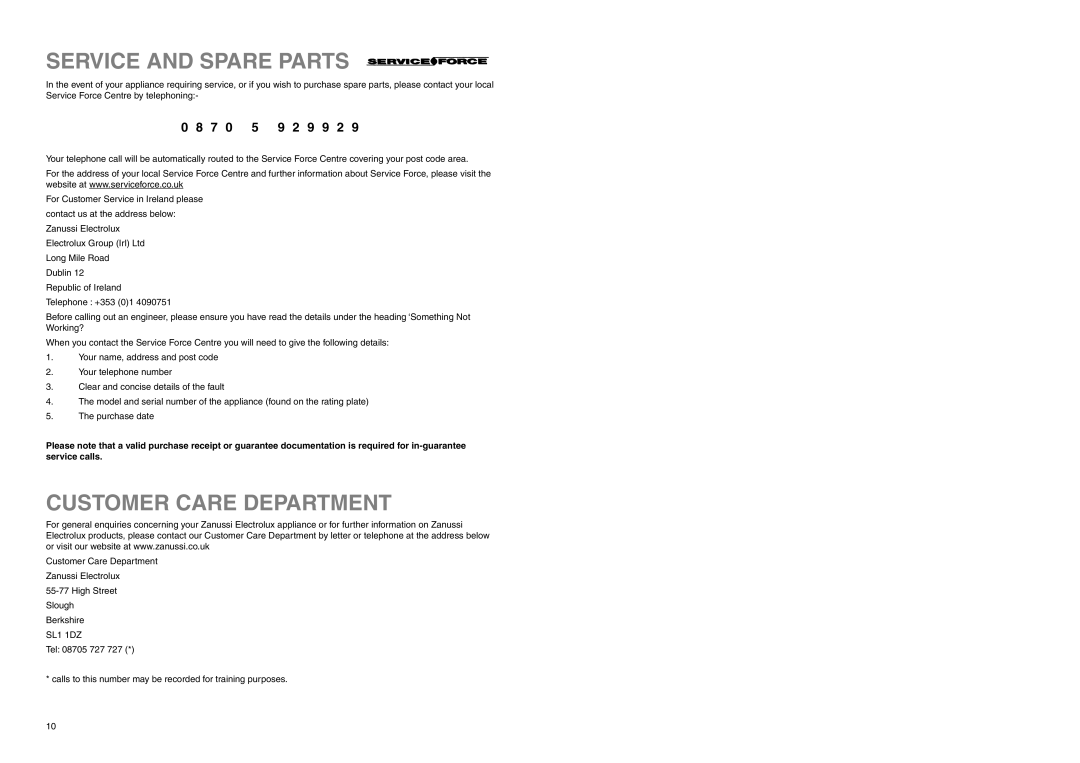 Zanussi ZEF 226 manual Service and Spare Parts, Customer Care Department, 9 9 2 