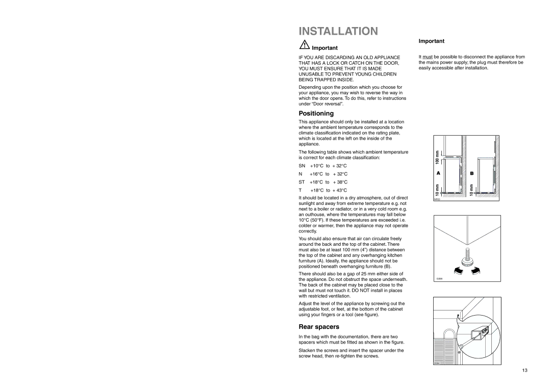 Zanussi ZEF 226 manual Installation, Positioning, Rear spacers 