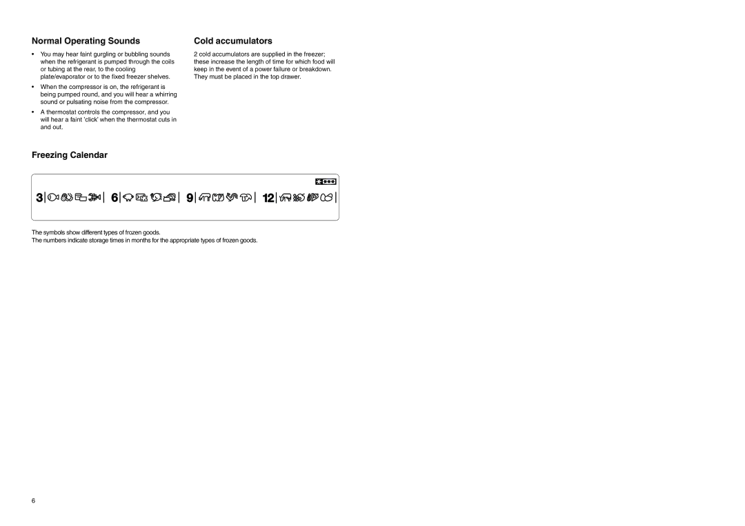 Zanussi ZEF 226 manual Normal Operating Sounds, Freezing Calendar Cold accumulators 