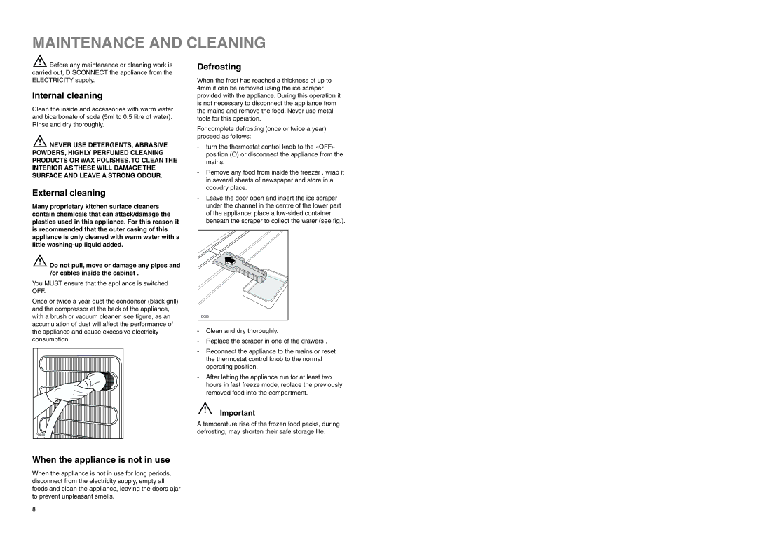 Zanussi ZEF 226 manual Maintenance and Cleaning, Internal cleaning, External cleaning, Defrosting 